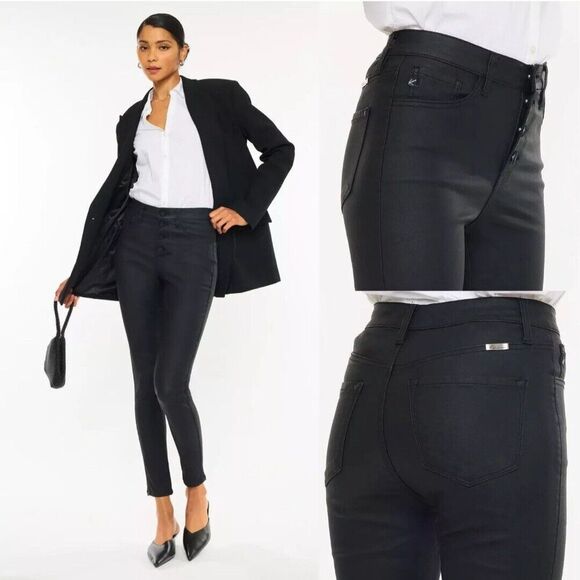 Kancan Black Faux Leather Skinny Pants High Rise Ankle Stretch Button Fly Sz 5 - Picture 3 of 12